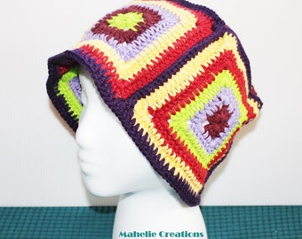 Crochet cloche bucket hat, granny square hat, colorful crocheted hat, hippie festival sun hat women, handmade crochet hat