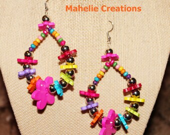 Whimsical dangle earrings, large beaded earrings, fun colorful earrings, statement earrings, flower earrings, bohemian earrings