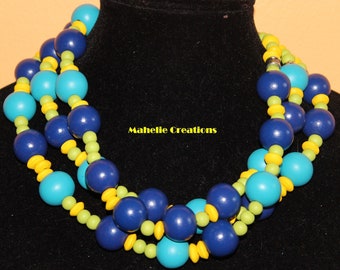 Statement necklace, beaded necklace, blue necklace, big bold necklace, chunky necklace, wood bead necklace, handmade multistrand necklace