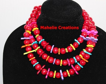 Red bead necklace for women, short red necklace, red statement necklace, multistrand red necklace, ethnic necklace wood, bold red necklace