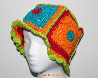 Colorful crochet hat, handmade crochet hat, multicolor crochet hat, granny square hat, hippie festival hat, sun hat women, boho crochet hat