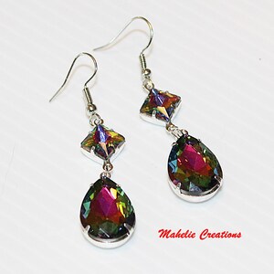 Handmade statement earrings, vitrail glass beaded earrings, sparkling earrings, long beaded dangle earrings, rainbow earrings, gift for her