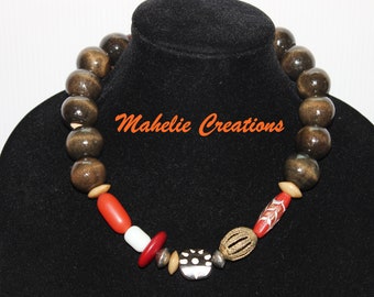 Handmade African Inspired Necklace, Wood Bead Necklace, Statement Necklace Chunky, Large Wooden Beaded Necklace