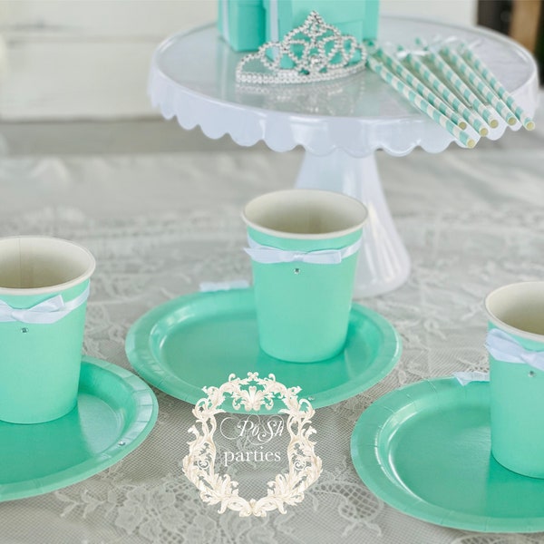 Breakfast at Tiffanys tableware Complete table setting- robins egg blue plates-silverware-cups-straws-party favor boxes