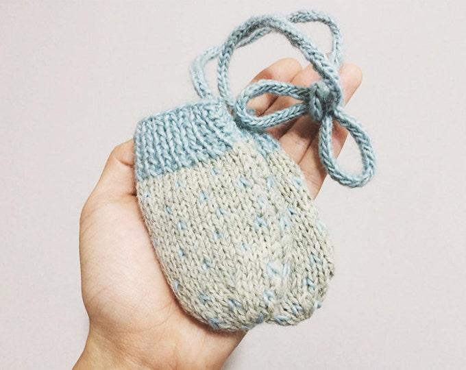 Knit Baby Mittens With Cord, Polka Dot Mittens, Gray Baby Mittens, Dot