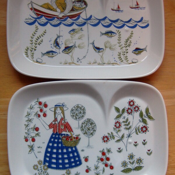 Set of 2 Figgjo Flint Vintage Trays - Fisherman and Farm Lass
