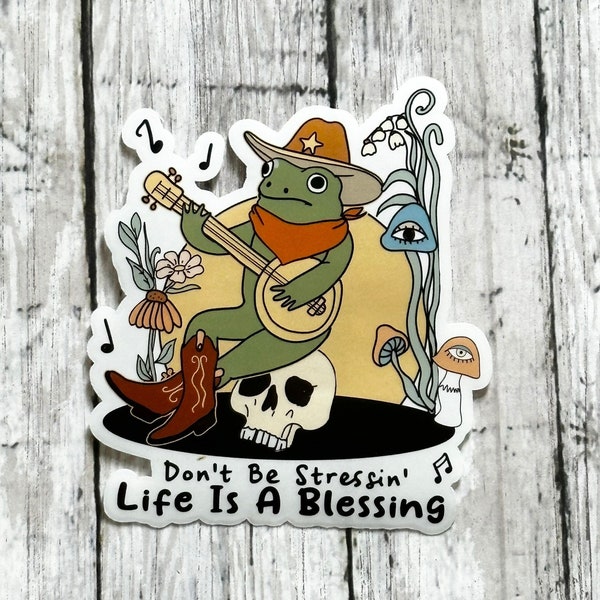 Life Is A Blessing Sticker, Cottagecore Sticker, Transparent Frog Sticker, Frog Lover Gift, Frog Playing Banjo Sticker