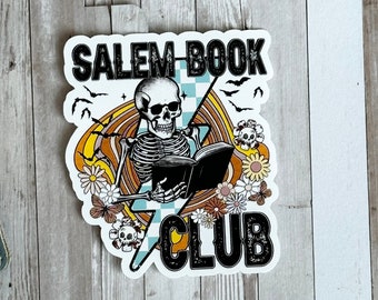 Salem Book Club Skeleton Sticker, Halloween Sticker, Book Lover Gift, Vinyl Decal, Skeleton Sticker, Clear Sticker, Glossy, Bookish Sticker