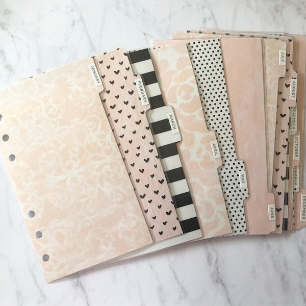 Soft Pink Monthly Tabbed Planner Dividers, Planner Accessories, Filofax Dividers, A5 Kiki K, LV MM, Top Tab Dividers, Custom Planner Inserts