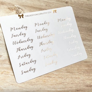Foiled Days of the Week Stickers, Clear Planner Stickers, Weekly Planner Script Stickers