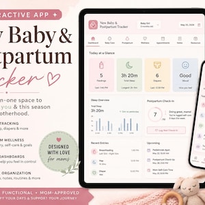 以下が含まれることがあります： タブレットとスマートフォンに表示された、New Baby & Postpartum Trackerのデジタルアプリインターフェース。アプリはベビーケア、産後の健康状態を追跡し、オールインワンの組織を提供します。デザインはピンクとグリーンのアクセントで柔らかいです。