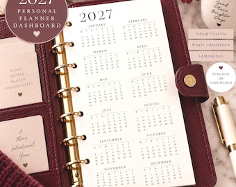 Inserto per agenda "Anno 2027 in sintesi", dashboard in pergamena, calendario in cartoncino bianco, dashboard minimalista per agenda personale, calendario 2027