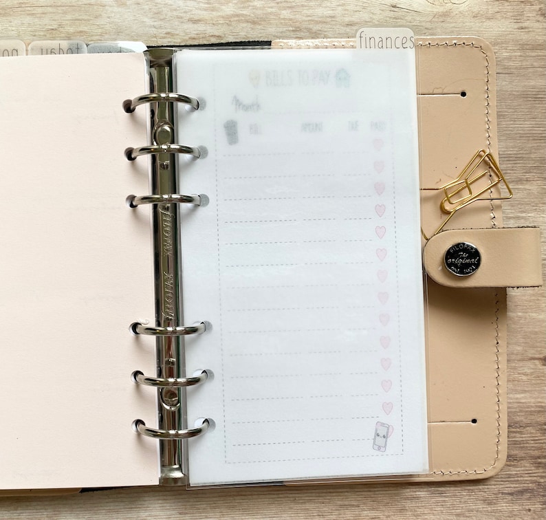 May include: A beige leather planner with a silver binder mechanism. A clear page with the words "Bills to Pay" and a list of dotted lines is visible. A gold paper clip and a "finances" tab are attached.