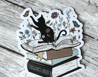 Cat and Books Sticker, Planner Stickers, Book Lover Gift, Reader Stickers, Reader Gift Idea, Cat Vinyl Decal, Boho Planner Sticker