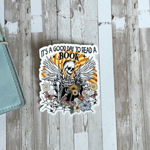 Skeleton Book Sticker, Book Lover Sticker,Bookish Sticker, Skeleton Reading Sticker, Book Club Sticker, Witchy Sticker, Tumbler Laptop Decal