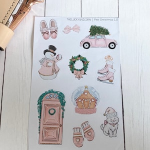 Pink Christmas Planner Sticker Sheet, Bullet Journal Stickers, Planner Stickers, Christmas Stickers