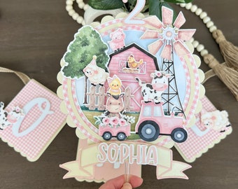 Cute farm pink cake topper; watercolor farm theme; girly farm birthday; farm party theme