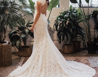 Ivory Lace Bohemian BACKLESS WEDDING GOWN. simple and elegant wedding dress with open back and long elegant train. Cap sleeves. Ivory Lace