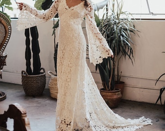 Arabelle BOHO WEDDING DRESS|  Bell Sleeve Lace Bohemian Wedding Dress with Train|  Lace Wedding Dress | Hippie Wedding Dress | size 0-18