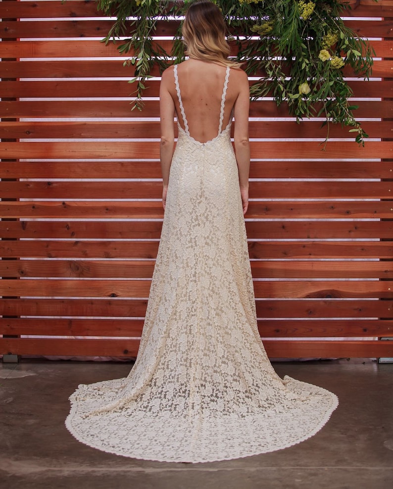 Lace Backless Wedding Dress. Plunge Scallop Front. LOW BACK wedding dress. simple elegant bohemian wedding dress. IVORY lace. image 5