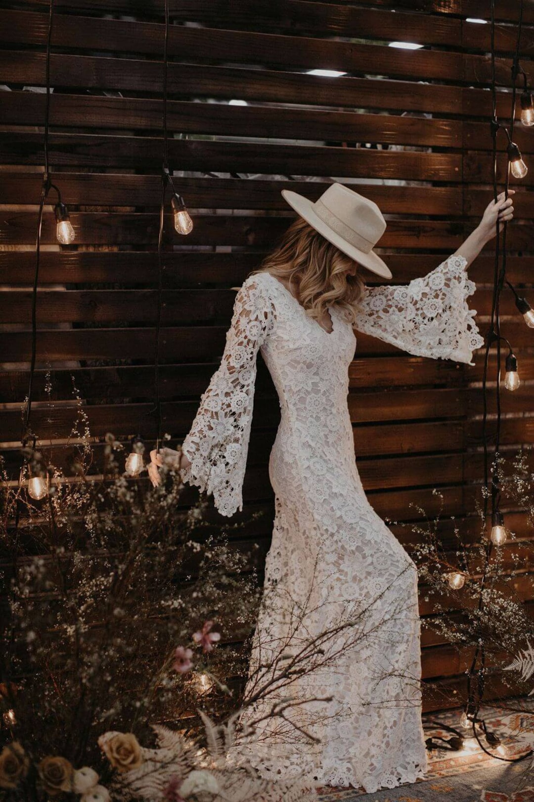 Vintage-inspired Bohemian Wedding BELL SLEEVE LACE Crochet Ivory or  White Hippie Wedding Boho Embroidered Maxi Lace Dress
