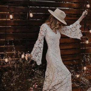 Vintage-Inspired Bohemian Wedding Gown. BELL SLEEVE LACE Crochet Ivory or White Hippie Wedding Dress. Boho Embroidered Maxi Lace Dress