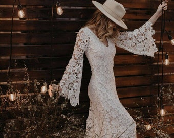 Vintage-Inspired Bohemian Wedding Gown. BELL SLEEVE LACE Crochet Ivory or White Hippie Wedding Dress. Boho Embroidered Maxi Lace Dress