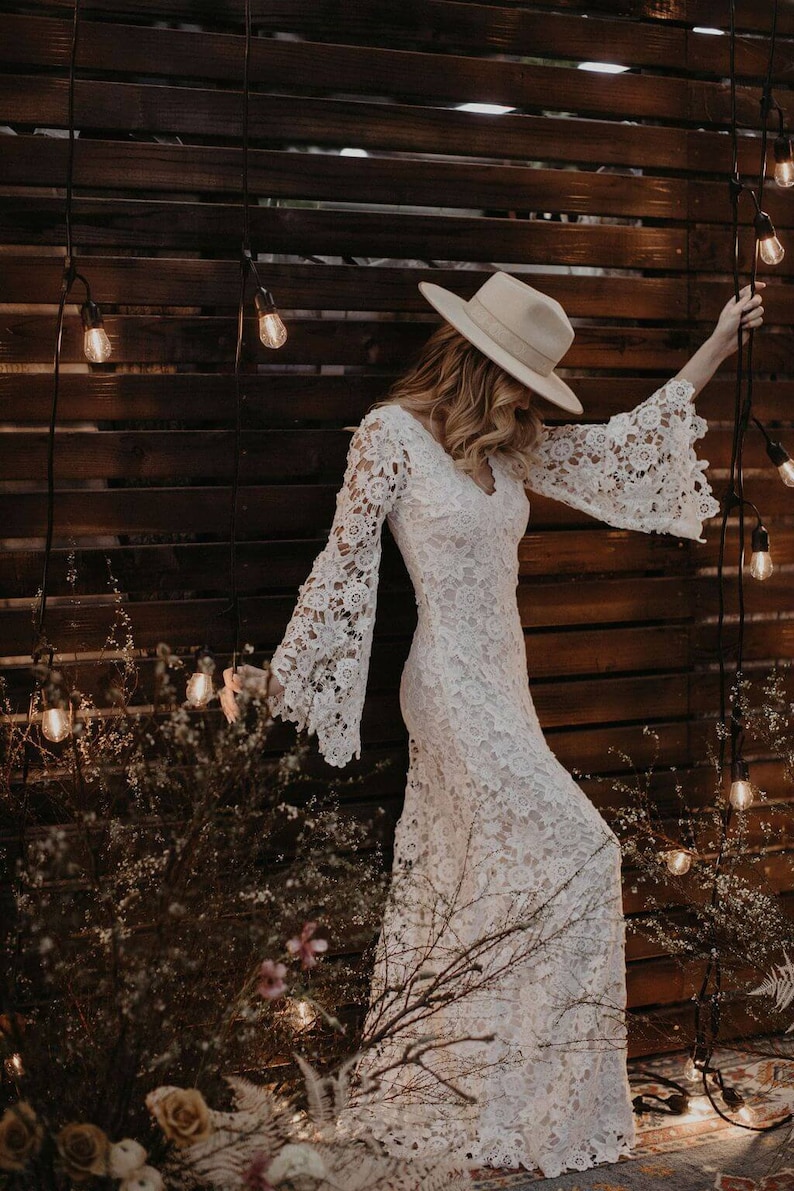 Vintage-Inspired Bohemian Wedding Gown. BELL SLEEVE LACE Crochet Ivory or White Hippie Wedding Dress. Boho Embroidered Maxi Lace Dress image 1