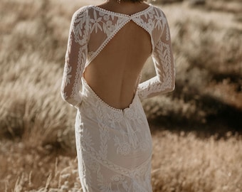 POPULAR Violetta BOHEMIAN Wedding DRESS | Backless Long Sleeves Cotton Lace Wedding Gown | Made in California | Size 2-18