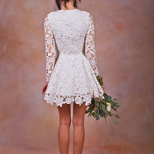 Daniela Lace SHORT WEDDING DRESS. ivory or white crochet lace bohemian wedding dress. long sleeves. Lace reception mini dress. image 4