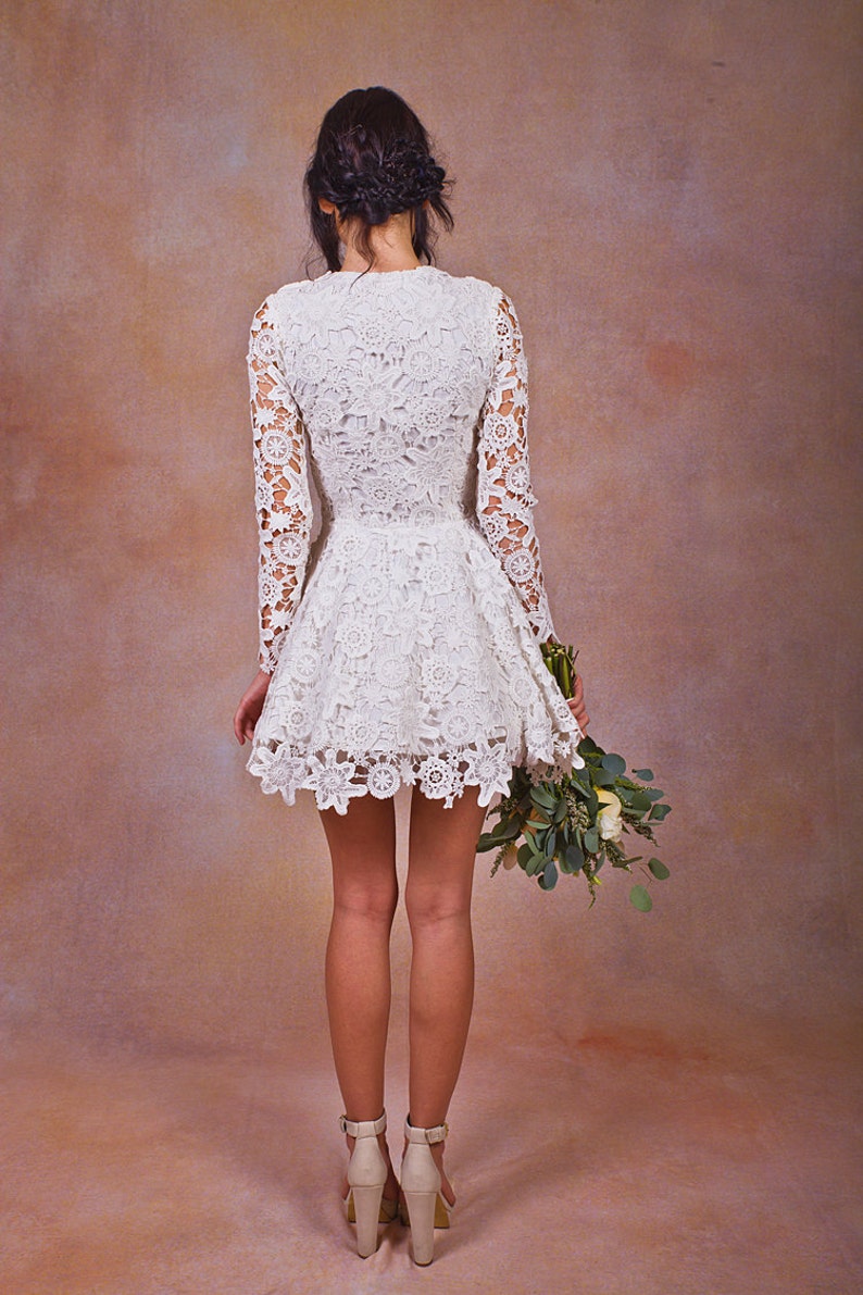 Daniela Lace SHORT WEDDING DRESS. ivory or white crochet lace bohemian wedding dress. long sleeves. Lace reception mini dress. image 4