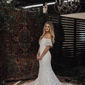 Callista Bohemian Wedding Dress. OFF SHOULDER lace boho wedding gown with FRINGE hem and buttons. Made to Measure in California. size 0-18 image 5