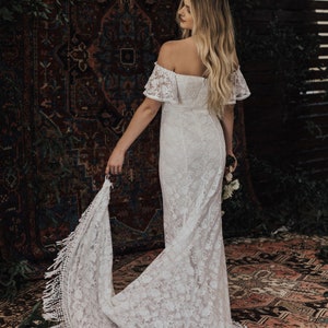 Callista Bohemian Wedding Dress. OFF SHOULDER lace boho wedding gown with FRINGE hem and buttons. Made to Measure in California. size 0-18 image 2