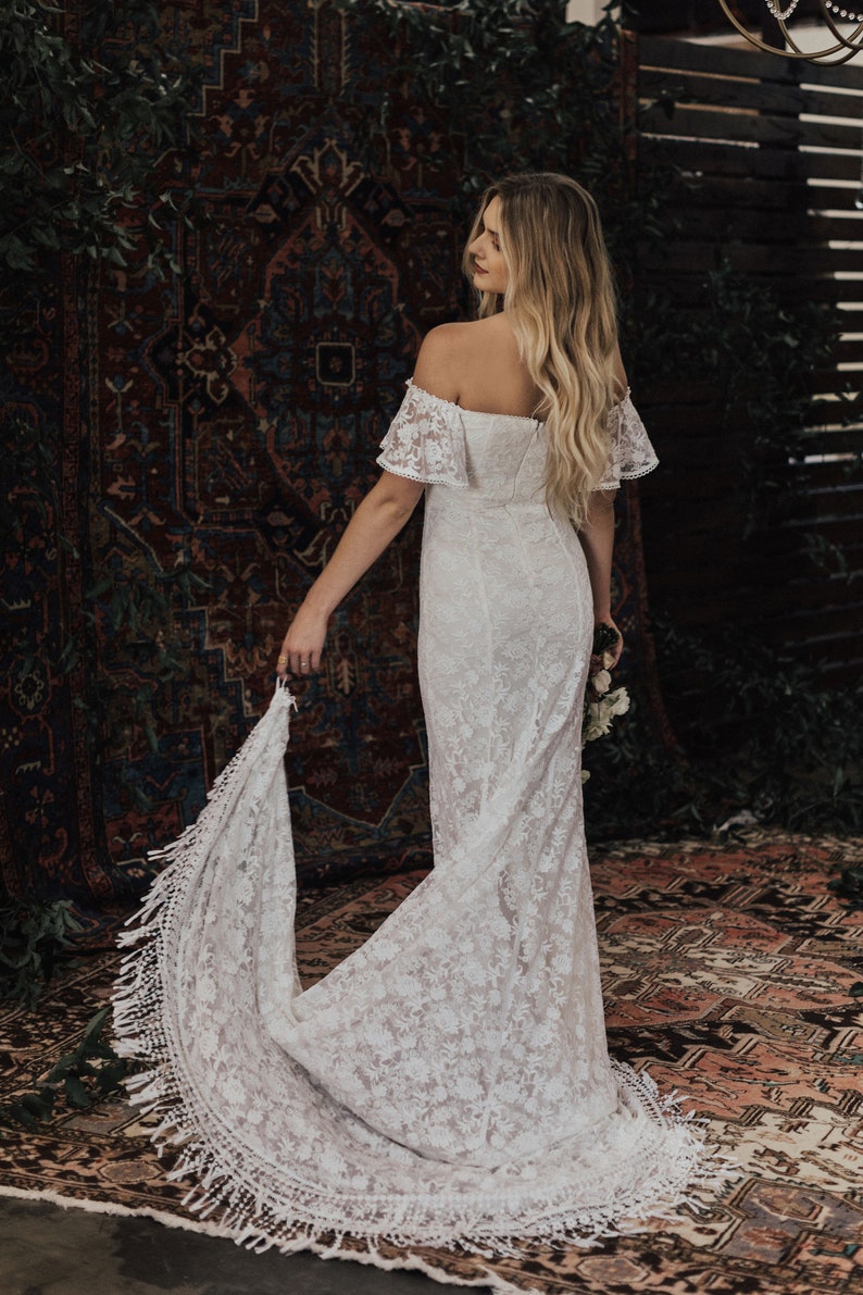 Callista Bohemian Wedding Dress. OFF SHOULDER lace boho wedding gown with FRINGE hem and buttons. Made to Measure in California. size 0-18 image 2