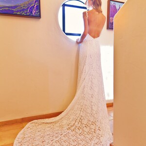 Lace Backless Wedding Dress. Plunge Scallop Front. LOW BACK wedding dress. simple elegant bohemian wedding dress. IVORY lace. image 3