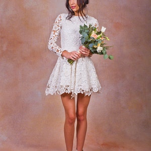 Daniela Lace SHORT WEDDING DRESS. ivory or white crochet lace bohemian wedding dress. long sleeves. Lace reception mini dress. image 2