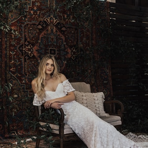 Callista Bohemian Wedding Dress. OFF SHOULDER lace boho wedding gown with FRINGE hem and buttons. Made to Measure in California. size 0-18 image 4