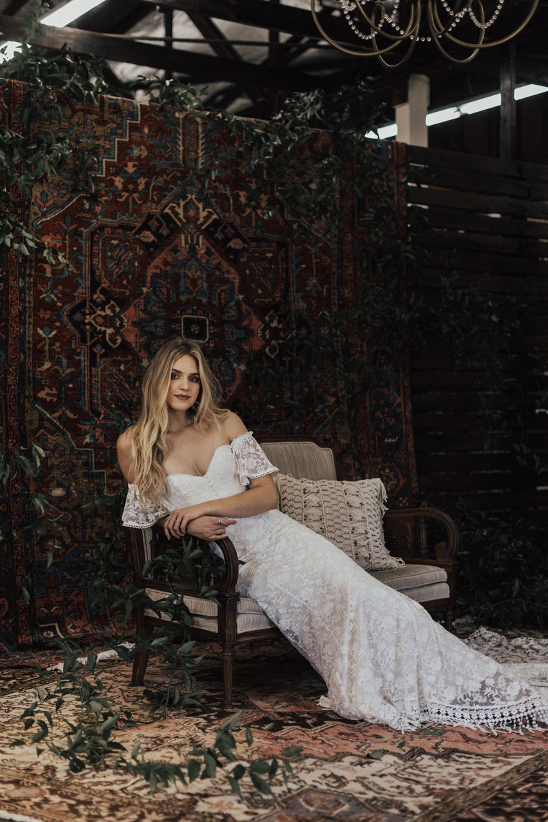 Callista Bohemian Wedding Dress. OFF SHOULDER lace boho wedding gown with FRINGE hem and buttons. Made to Measure in California. size 0-18 image 4