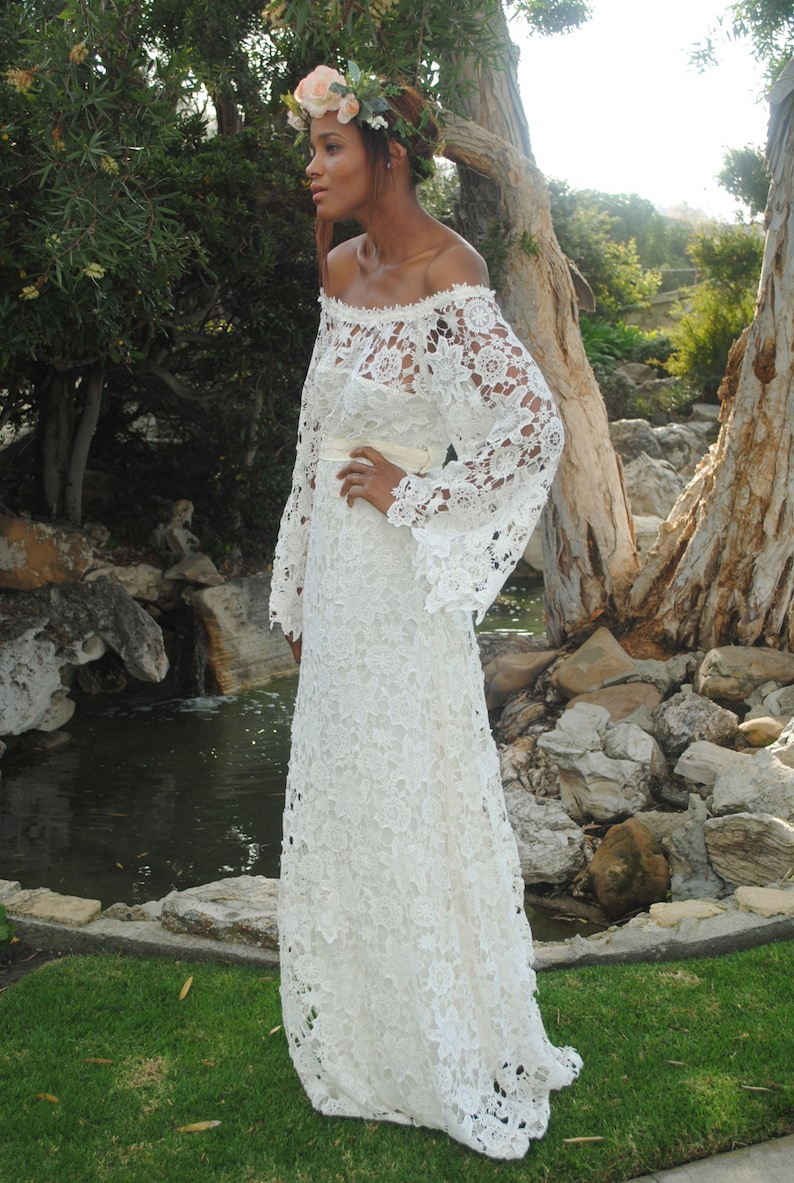handmade BELL SLEEVE crochet lace bohemian wedding dress / off shoulder / BOHO hippie wedding long lace dress / vintage inspired 70s style image 5