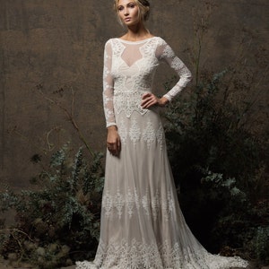 Aurora Lace Bohemian Wedding Dress Long Sleeves and Open Back Backless Wedding Gown Cotton Crochet Lace Boho Dress image 2