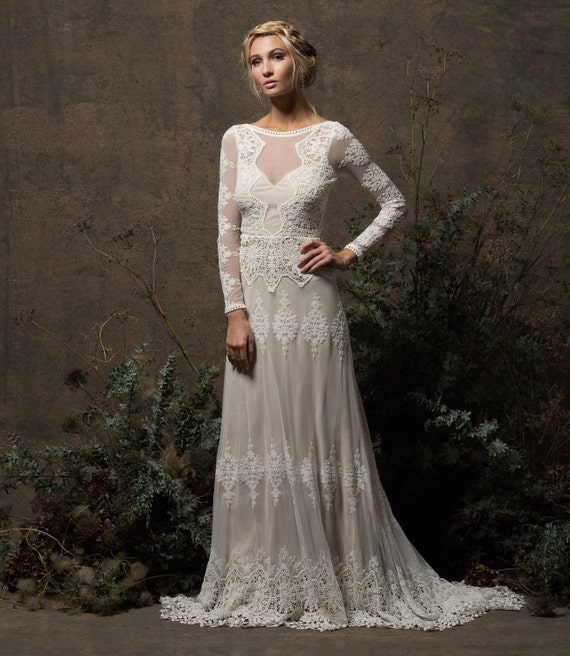 Aurora Lace Bohemian Wedding Dress | Long Sleeves and Open Back Backless Wedding  Gown | Cotton Crochet Lace Boho Dress - Etsy