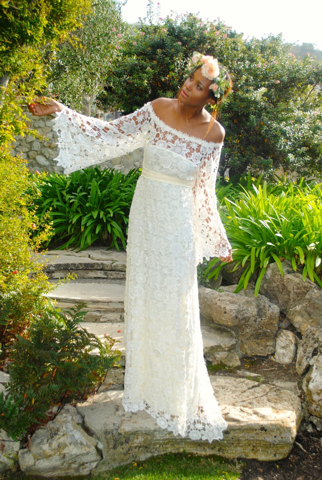 Boho Sheer O Neck Boho Lace Wedding Dress 2021 With Long Sleeves, Vintage  Crochet Bold Cotton Lace, And Hippie Country Bride Gown Style From  Alegant_lady, $143.32