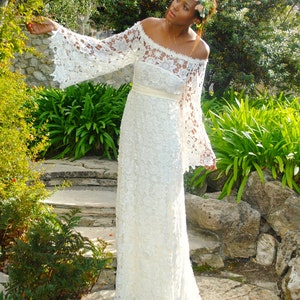 handmade BELL SLEEVE crochet lace bohemian wedding dress / off shoulder / BOHO hippie wedding long lace dress / vintage inspired 70s style