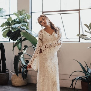 Arabelle BOHO WEDDING DRESS Bell Sleeve Lace Bohemian Wedding Dress with Train Lace Wedding Dress Hippie Wedding Dress size 0-18 image 5