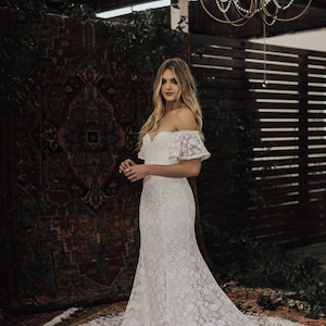 Callista Bohemian Wedding Dress. OFF SHOULDER lace boho wedding gown with FRINGE hem and buttons. Made to Measure in California. size 0-18 image 3