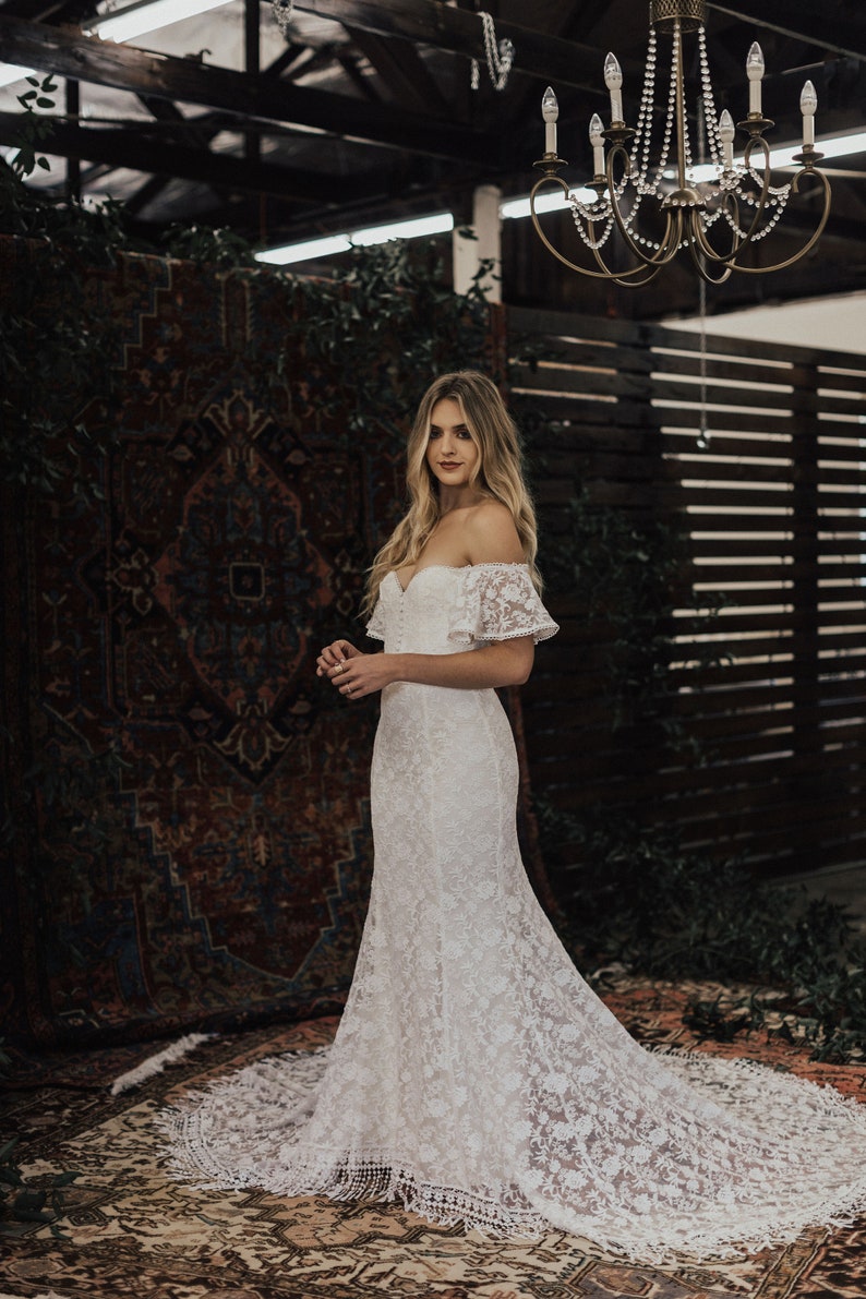 Callista Bohemian Wedding Dress. OFF SHOULDER lace boho wedding gown with FRINGE hem and buttons. Made to Measure in California. size 0-18 image 3