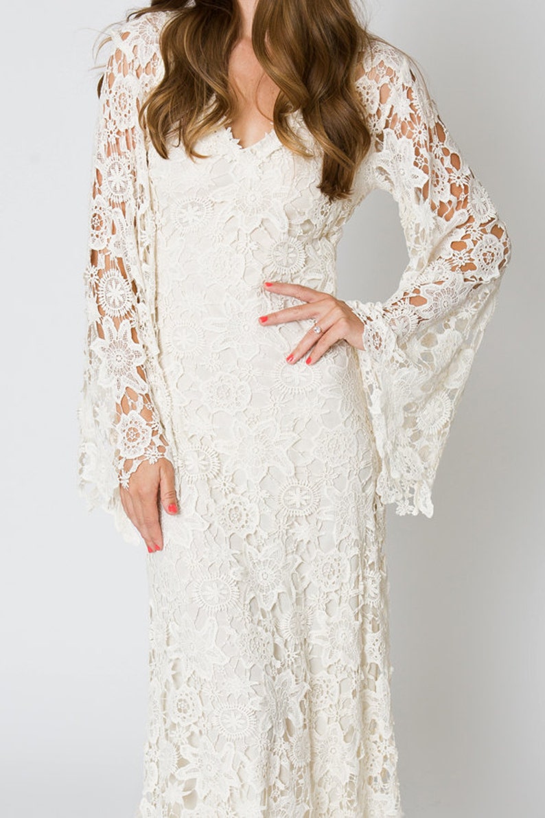 Vintage-Inspired Bohemian Wedding Gown. BELL SLEEVE LACE Crochet Ivory or White Hippie Wedding Dress. Boho Embroidered Maxi Lace Dress image 7