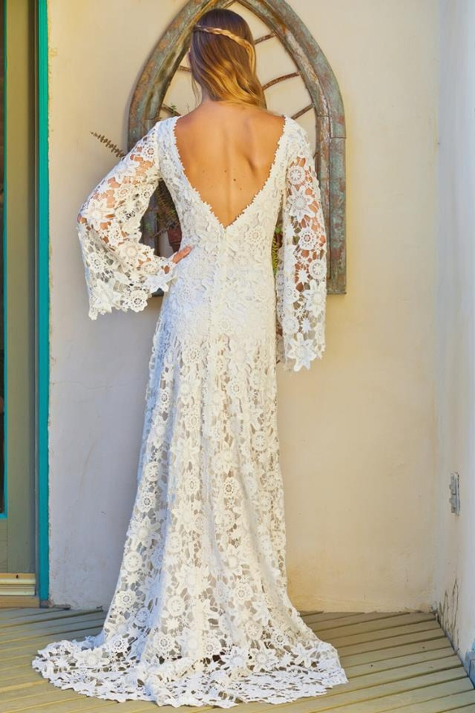 Crochet Lace Bohemian Wedding Dress. OPEN BACK with BOHO Bell | Etsy