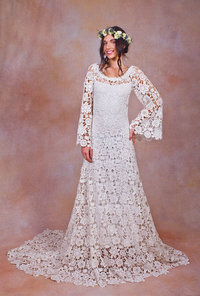 70s style Lace BOHEMIAN WEDDING DRESS. ivory or white crochet | Etsy