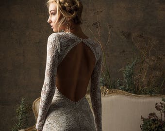 Valentina Bohemian Wedding Dress | Long Sleeves Lace Gown w/ Open Back | Simple Wedding Dress | Custom Made to Measure | Size 0-18